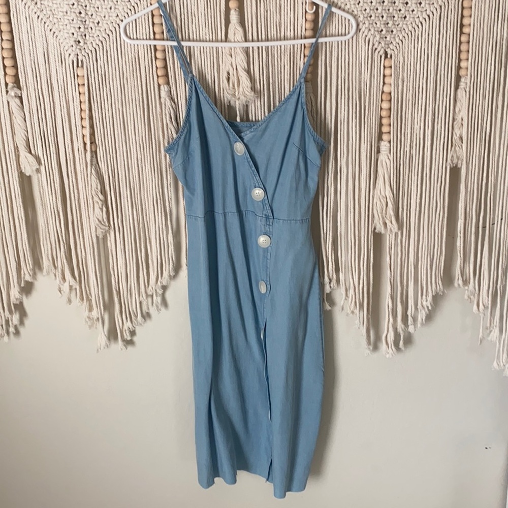 Midi light blue Jean denim button down dress sleeveless